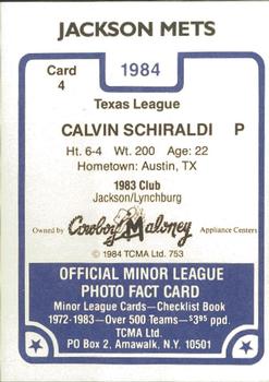 1984 TCMA Jackson Mets #4 Calvin Schiraldi Back