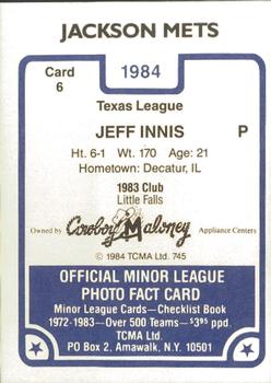 1984 TCMA Jackson Mets #6 Jeff Innis Back