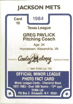 1984 TCMA Jackson Mets #10 Greg Pavlick Back