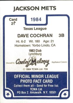 1984 TCMA Jackson Mets #21 Dave Cochrane Back