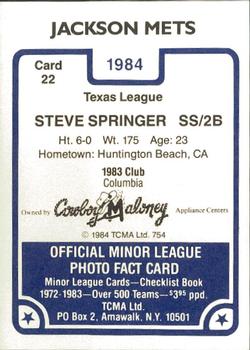 1984 TCMA Jackson Mets #22 Steve Springer Back