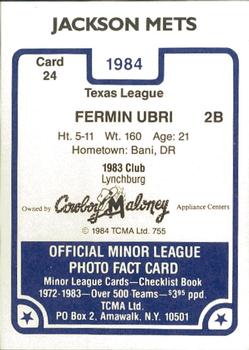 1984 TCMA Jackson Mets #24 Fermin Ubri Back