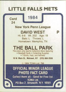 1984 TCMA Little Falls Mets #24 David West Back
