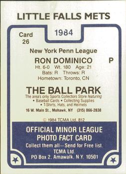 1984 TCMA Little Falls Mets #26 Ron Dominico Back