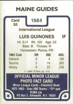 1984 TCMA Maine Guides #20 Luis Quinones Back