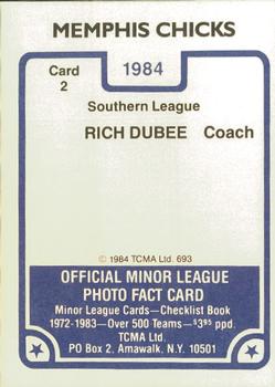 1984 TCMA Memphis Chicks #2 Rich Dubee Back