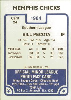 1984 TCMA Memphis Chicks #24 Bill Pecota Back