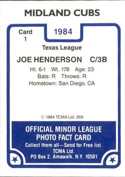 1984 TCMA Midland Cubs #1 Joe Henderson Back