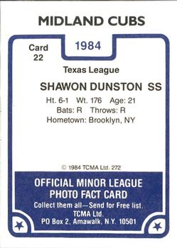 1984 TCMA Midland Cubs #22 Shawon Dunston Back