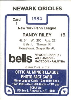 1984 TCMA Newark Orioles #1 Randy Riley Back