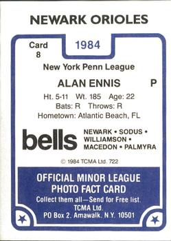 1984 TCMA Newark Orioles #8 Alan Ennis Back
