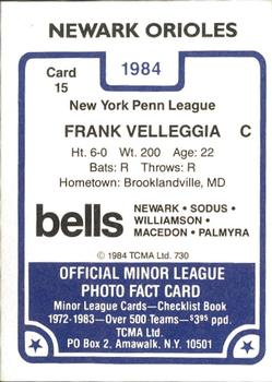 1984 TCMA Newark Orioles #15 Frank Velleggia Back