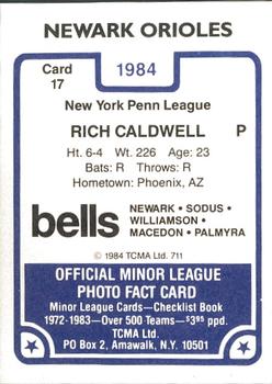 1984 TCMA Newark Orioles #17 Rich Caldwell Back