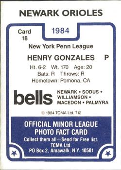 1984 TCMA Newark Orioles #18 Henry Gonzales Back