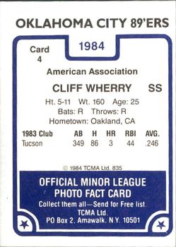 1984 TCMA Oklahoma City 89ers #4 Cliff Wherry Back