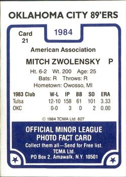 1984 TCMA Oklahoma City 89ers #21 Mitch Zwolensky Back