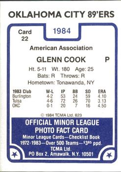1984 TCMA Oklahoma City 89ers #22 Glen Cook Back
