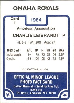 1984 TCMA Omaha Royals #1 Charlie Leibrandt Back