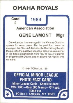 1984 TCMA Omaha Royals #2 Gene Lamont Back