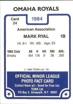 1984 TCMA Omaha Royals #24 Mark Ryal Back