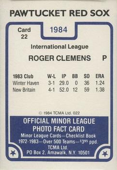 1984 TCMA Pawtucket Red Sox #22 Roger Clemens Back