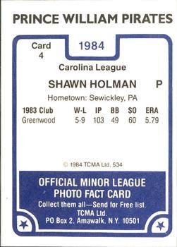 1984 TCMA Prince William Pirates #4 Shawn Holman Back