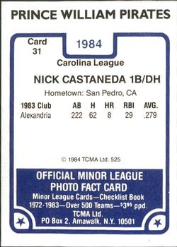 1984 TCMA Prince William Pirates #31 Nick Castaneda Back
