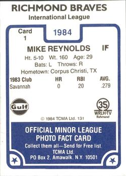 1984 TCMA Richmond Braves #1 Mike Reynolds Back