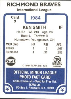 1984 TCMA Richmond Braves #3 Ken Smith Back