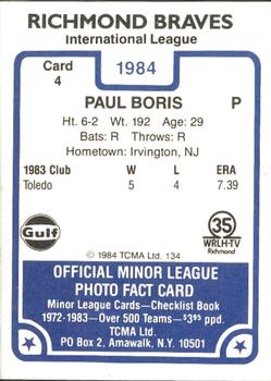 1984 TCMA Richmond Braves #4 Paul Boris Back