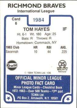 1984 TCMA Richmond Braves #6 Tom Hayes Back