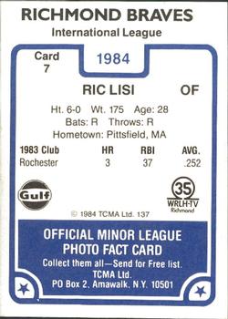 1984 TCMA Richmond Braves #7 Ric Lisi Back