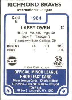 1984 TCMA Richmond Braves #8 Larry Owen Back