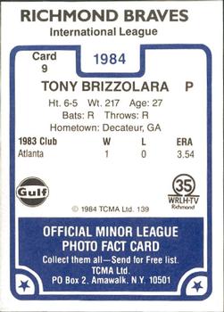 1984 TCMA Richmond Braves #9 Tony Brizzolara Back