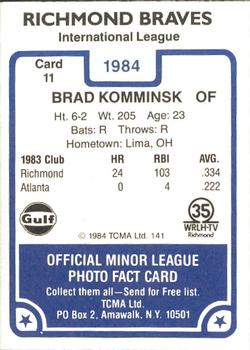 1984 TCMA Richmond Braves #11 Brad Komminsk Back