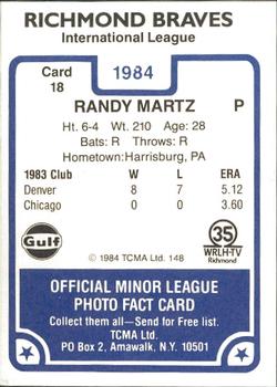 1984 TCMA Richmond Braves #18 Randy Martz Back