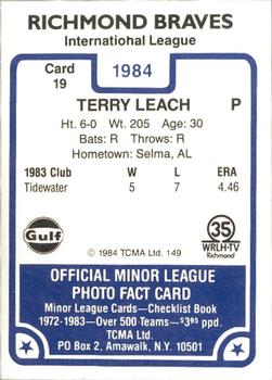1984 TCMA Richmond Braves #19 Terry Leach Back