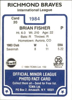 1984 TCMA Richmond Braves #20 Brian Fisher Back