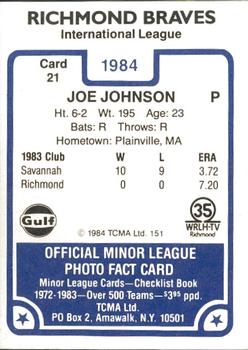 1984 TCMA Richmond Braves #21 Joe Johnson Back