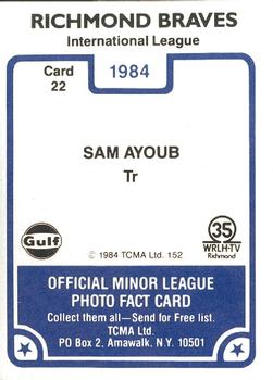 1984 TCMA Richmond Braves #22 Sam Ayoub Back