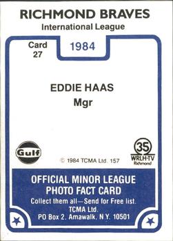 1984 TCMA Richmond Braves #27 Eddie Haas Back