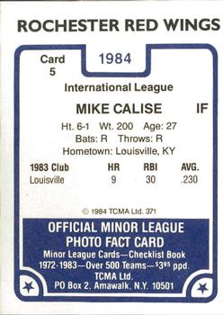 1984 TCMA Rochester Red Wings #5 Mike Calise Back
