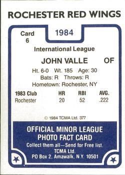 1984 TCMA Rochester Red Wings #6 John Valle Back
