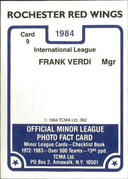 1984 TCMA Rochester Red Wings #9 Frank Verdi Back