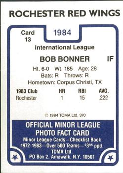 1984 TCMA Rochester Red Wings #13 Bob Bonner Back