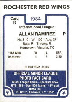 1984 TCMA Rochester Red Wings #16 Allan Ramirez Back