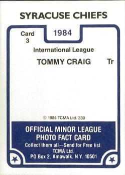 1984 TCMA Syracuse Chiefs #3 Tommy Craig Back
