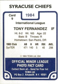 1984 TCMA Syracuse Chiefs #9 Tony Fernandez Back