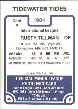 1984 TCMA Tidewater Tides #9 Rusty Tillman Back
