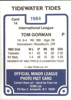 1984 TCMA Tidewater Tides #14 Tom Gorman Back